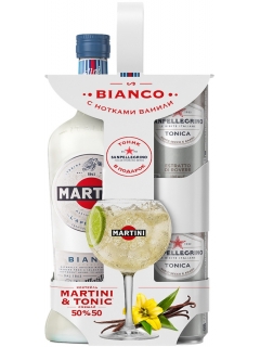 Martini Bianco vermouth with 2 cans of Pellegrino's tonic