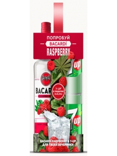 Bacardi with raspberry flavor alcoholic beverage based on rum in a gift box with 2 cans 7UP Bacardi with raspberry flavor alcoholic beverage based on rum in a gift box with 2 cans 7UP