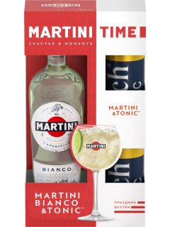 Мартини Бьянко напиток виноградосодержащий в подарочной упаковке с двумя банками тоника Рич Индиан