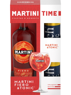 Мартини Фиеро напиток виноградосодержащий сладкий в подарочной упаковкес двумя банками тоника Рич Индиан